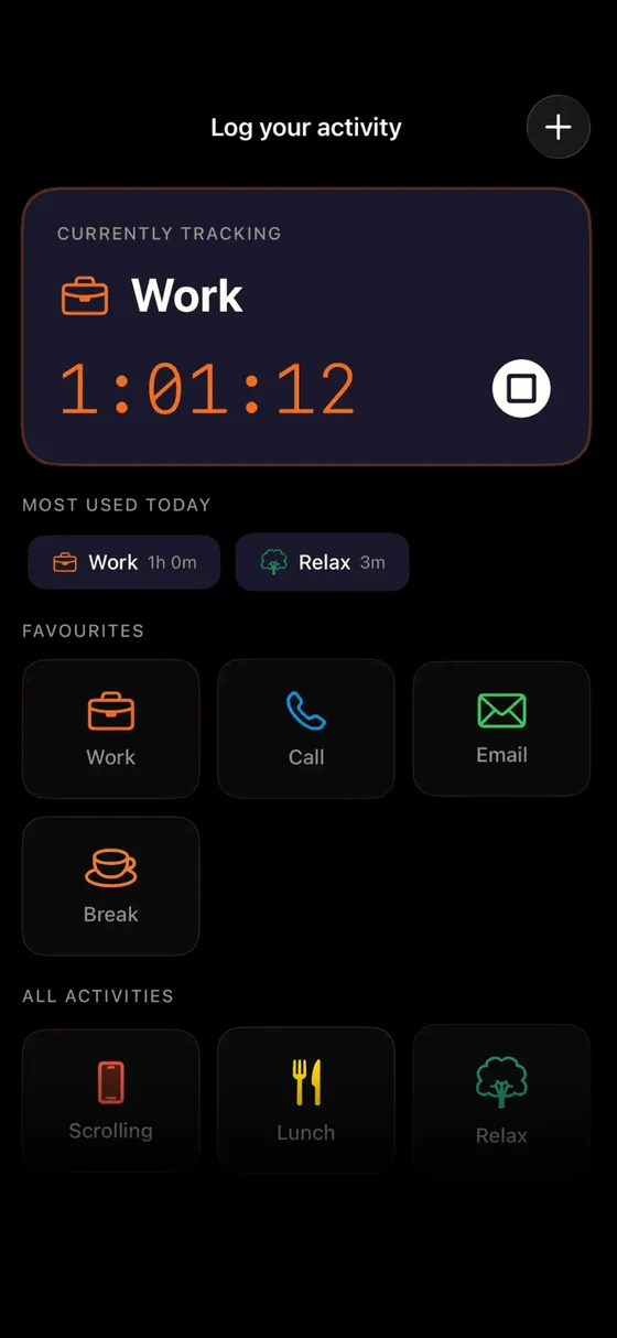 Timeness home screen showing Work currently tracking at 1:01:12 with the most used activities below