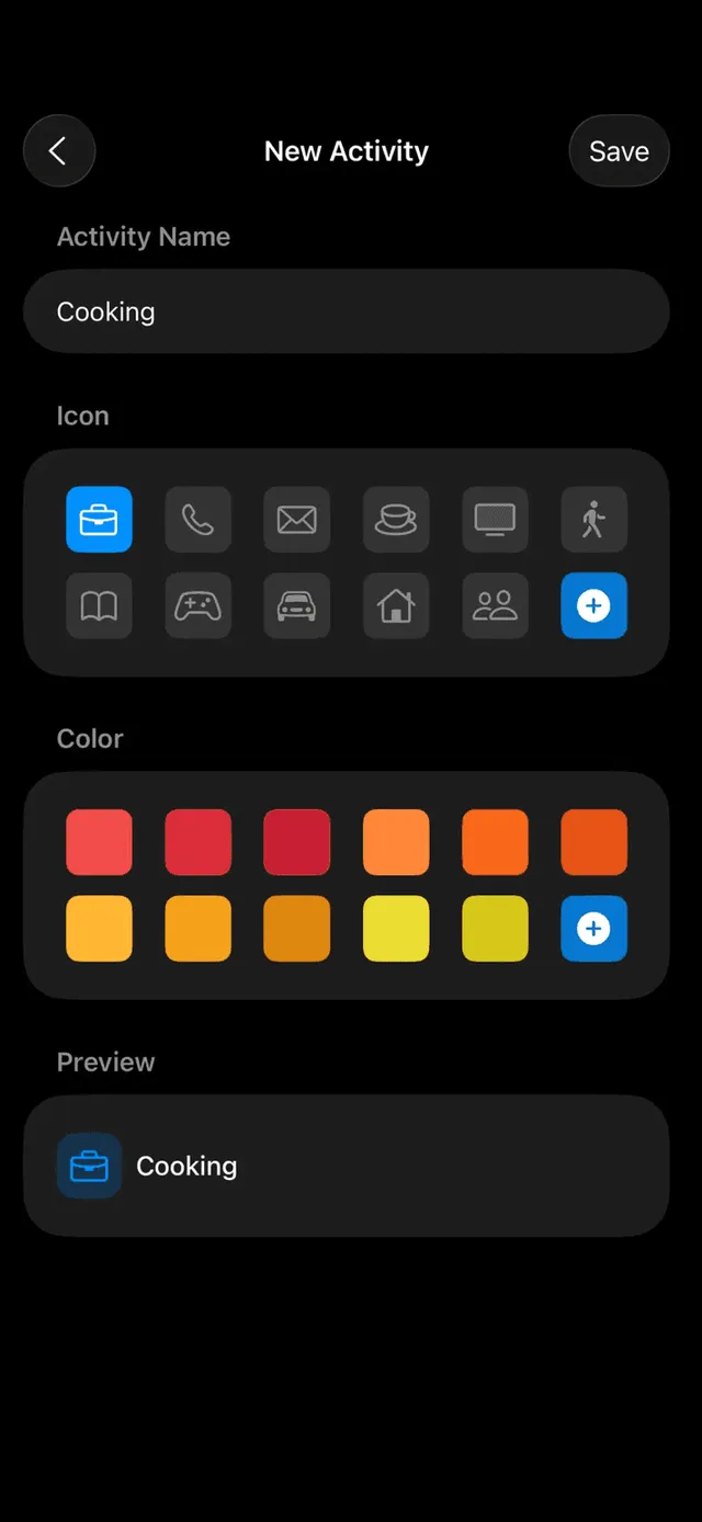 Timeness new activity screen with icon and color pickers