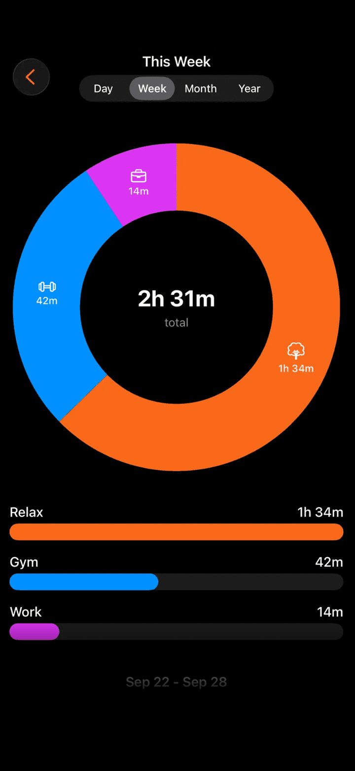 Timeness day timeline of tracked sessions