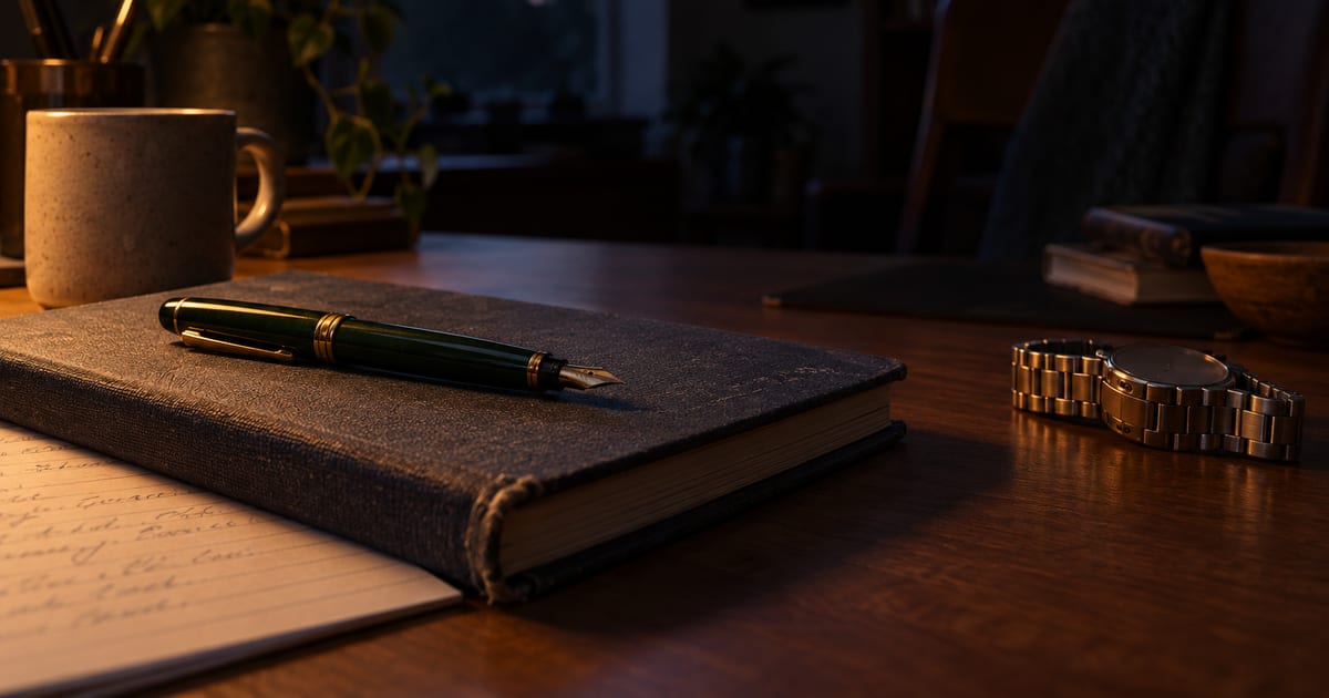 A desk in the last of the evening light with a closed notebook, a pen and a wristwatch left face down beside them